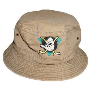 Vintage Mighty Ducks of Anaheim NHL Bucket Hat Cap Khaki Tan Embroidered 90s